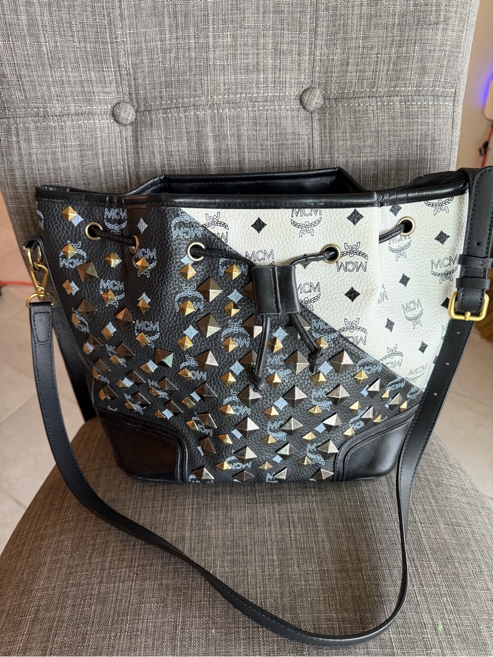 MCM Black & White Studded Drawstring Shoulder Bag